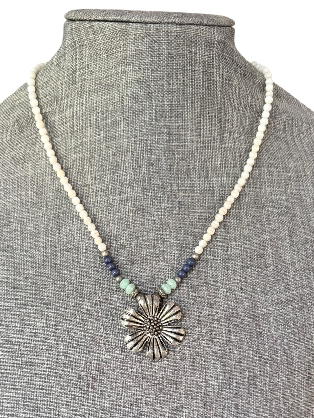 Boho Silver Sunflower Beaded Necklace White Mint Blue Statement Summer Festival